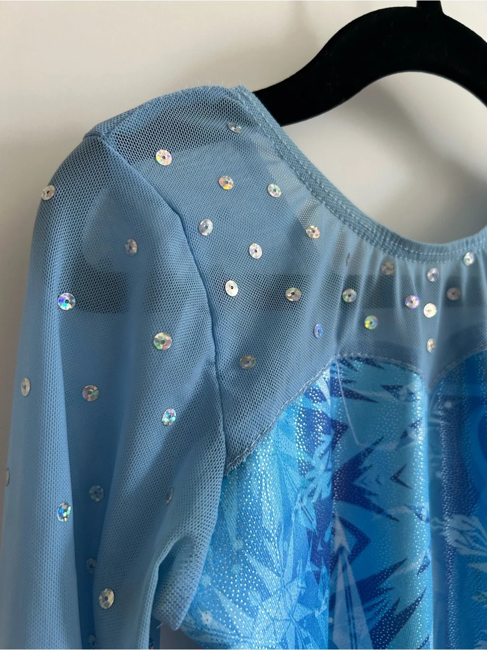 Girls Light Blue Snowflake Leotard with Sheer Sleeves - Size 8